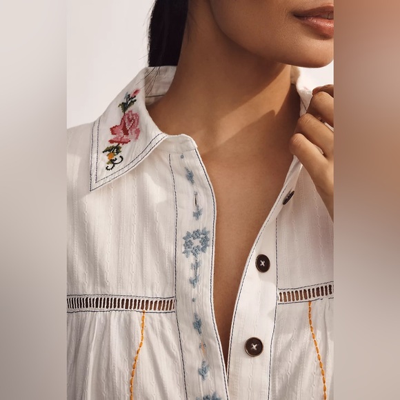 NWT XL - Anthropologie 100% Cotton Embroidered Swing Shirt Dress - Picture 5 of 16